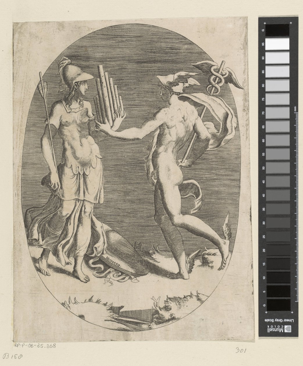 Mercury le da a Minerva una flauta de pan. de Giulio Bonasone