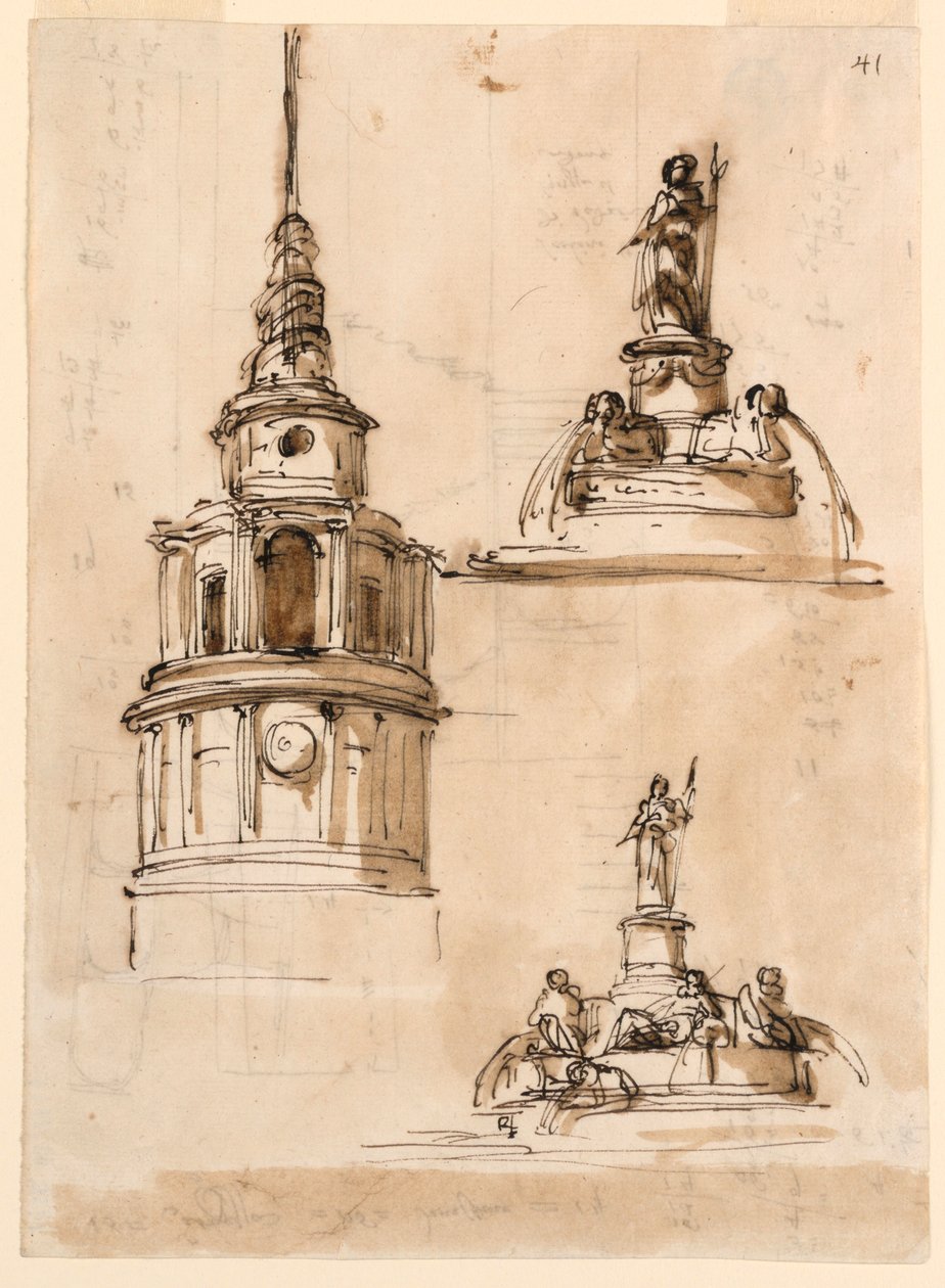 Elevación de una torre; fuentes; escalera de Giuseppe Barberi