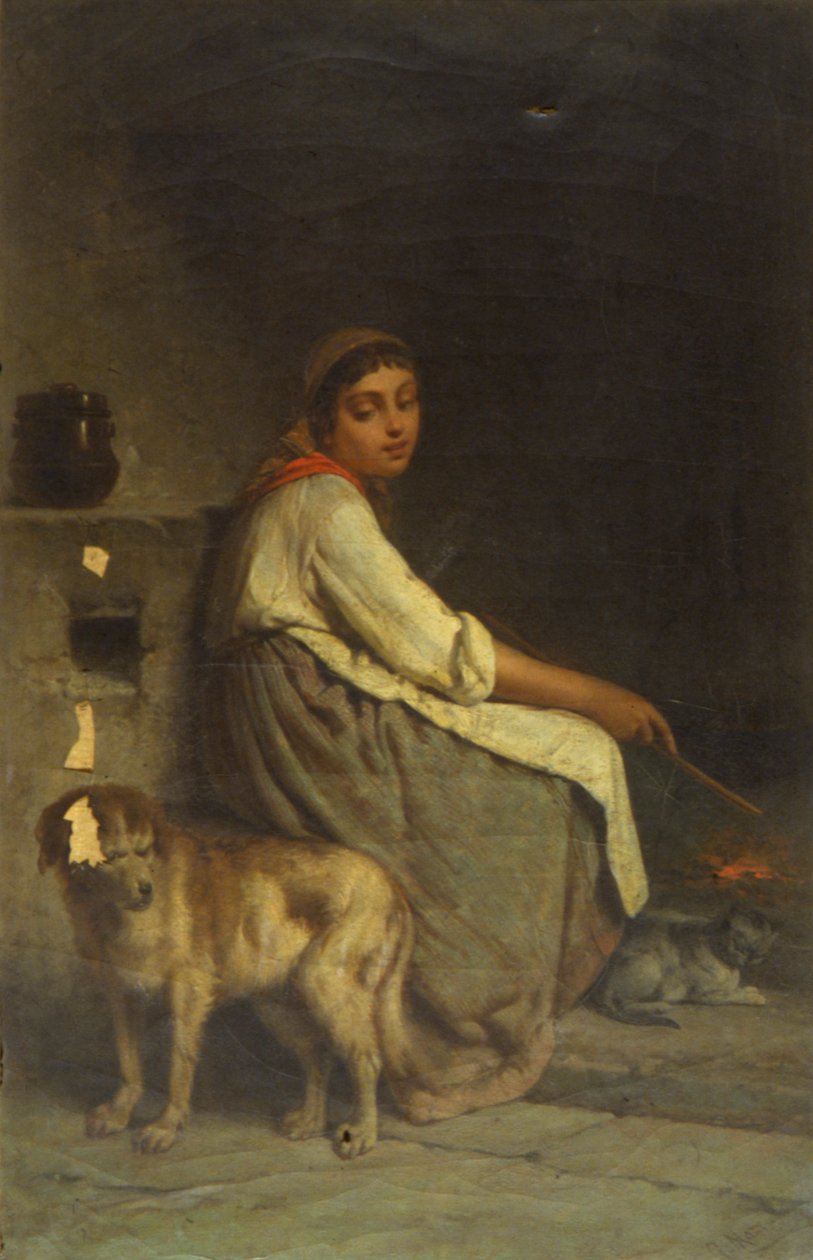 Mujer con perro y gato junto a la chimenea de Giuseppe Mazza