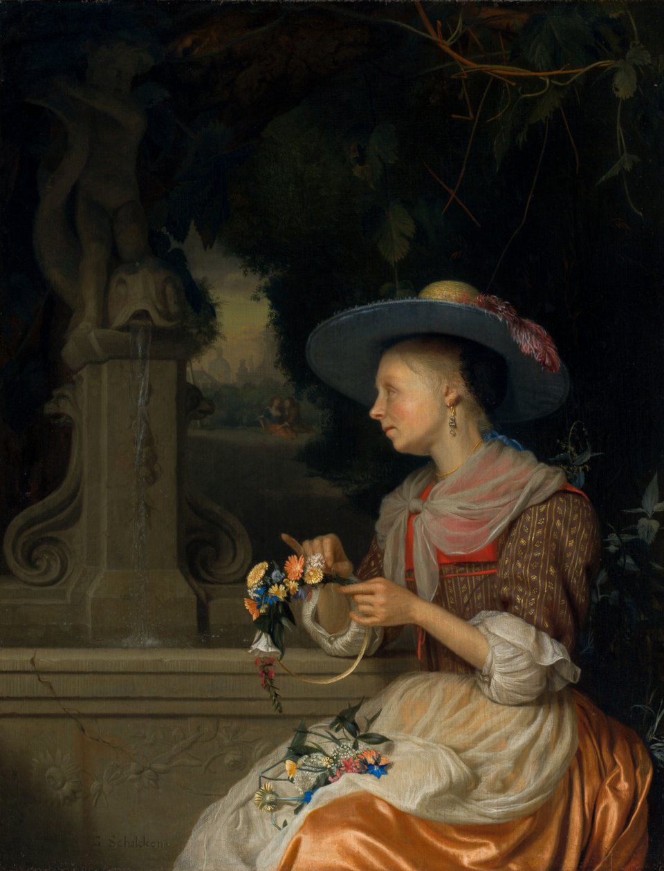 Mujer tejiendo una corona de flores de Godefridus Schalcken