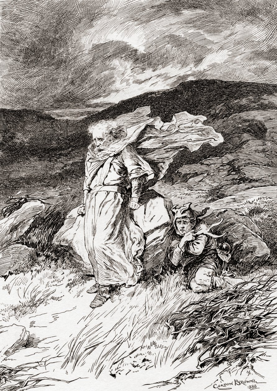 Una escena de la obra de William Shakespeare Rey Lear, Acto III, Escena 2, Lear: No, seré el modelo de toda paciencia, no diré nada, de Las obras de William Shakespeare, publicada en 1896 de Gordon Frederick Browne