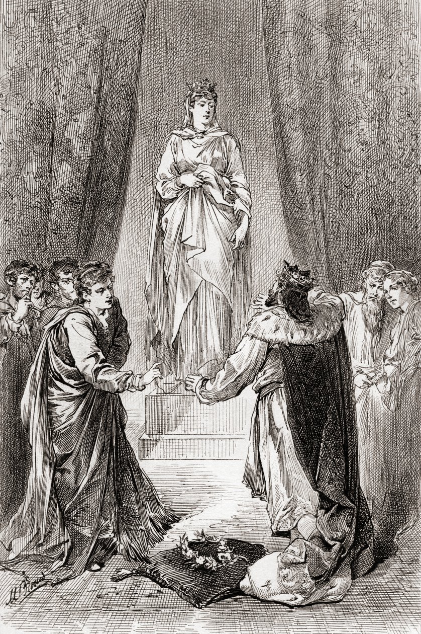 Una escena de la obra de William Shakespeare Cuento de invierno, Acto V, Escena 3, Leontes: Que nadie se burle de mí, porque la besaré, de Las obras de William Shakespeare, publicada en 1896 de Gordon Frederick Browne