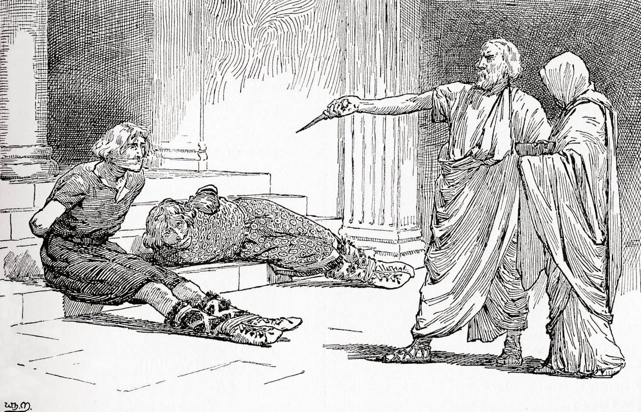 Una escena de la obra de William Shakespeare Tito Andrónico, Acto V, Escena 2, Tito: Ven, ven, Lavinia, mira, tus enemigos están atados, de Las obras de William Shakespeare, publicada en 1896 de Gordon Frederick Browne