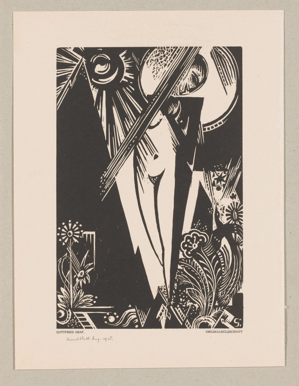 Mujer de pie, sol, luna y flores de Gottfried Graf