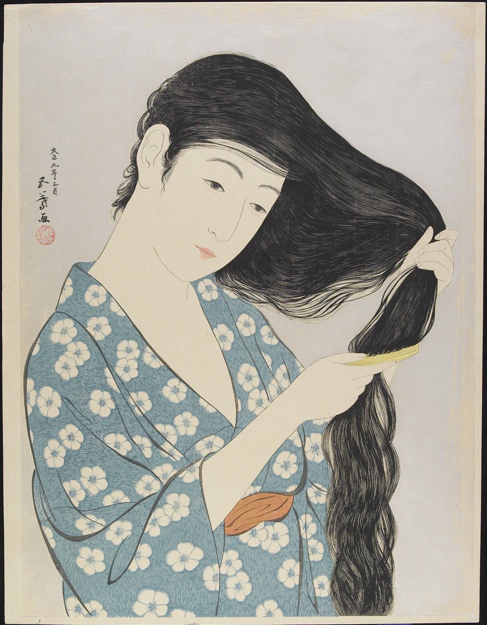 Mujer peinándose el cabello, marzo de 1929 de Goyo Hashiguchi