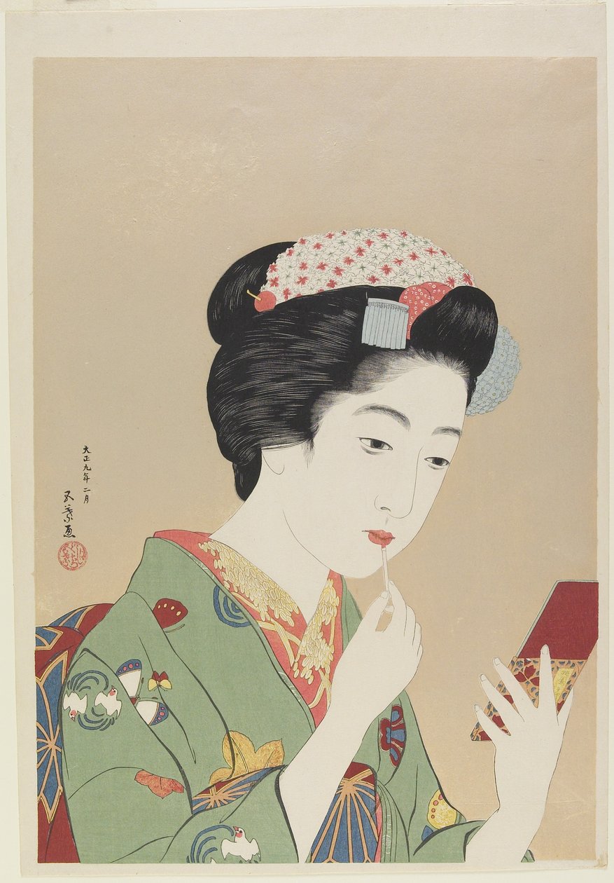 Mujer Sosteniendo un Pincel de Labios, Febrero 1919 de Goyo Hashiguchi
