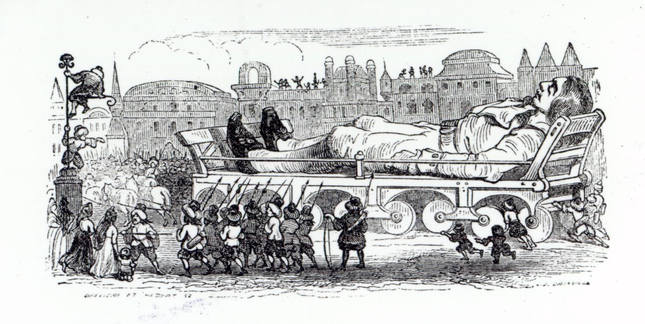 Gulliver siendo transportado a la capital de Lilliput, una ilustración de 