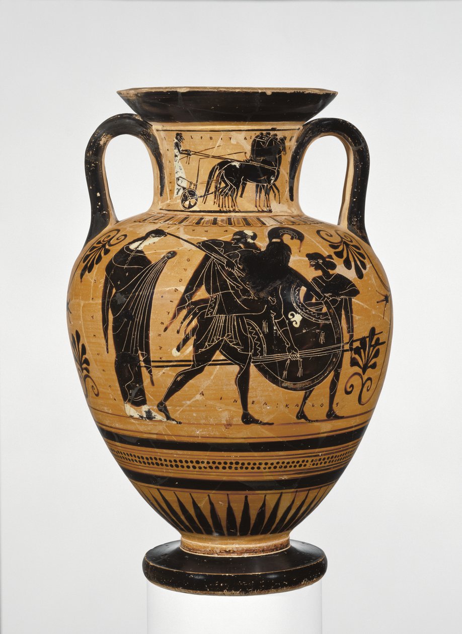 Ánfora de cuello ático de figuras negras mostrando el saqueo de Troya c.510 a.C. de Greek