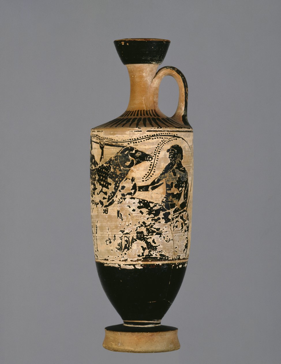 Lécito ático de figuras negras decorado con Odiseo escapando del cíclope Polifemo, por el Pintor de Teseo, c.500-450 a.C. de Greek