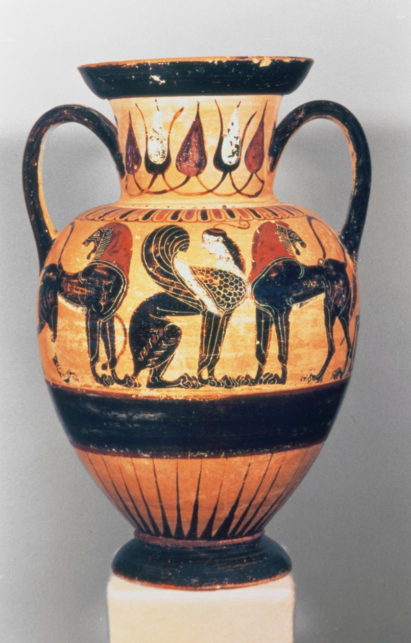 Ánfora de figuras negras calcídicas que representa una esfinge flanqueada por dos leones, por el Pintor de Polifemo, 540-30 a.C. de Greek