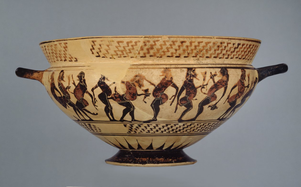 Copa corintia media decorada con dieciséis bailarines acolchados o Komasts, posiblemente de Cerveteri, c.600-575 a.C. de Greek