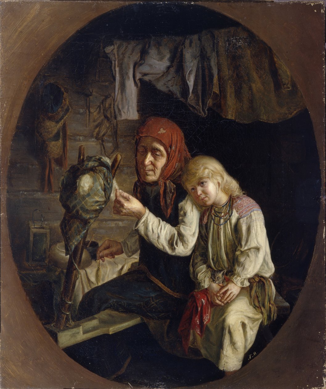 Lección de hilado, 1859 de Grigori Grigoryevich Myasoedov