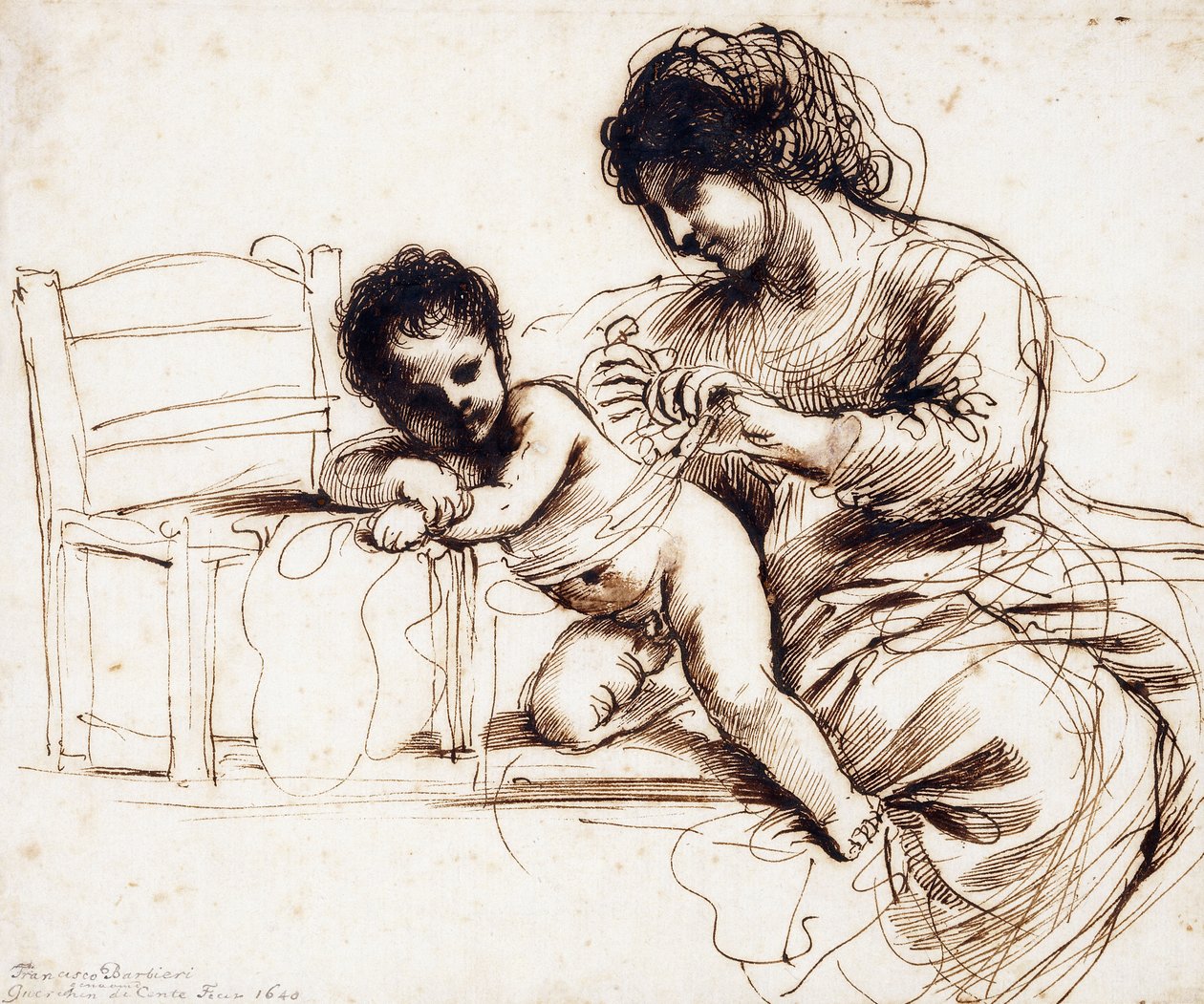 Una madre y su hijo junto a una silla de Guercino
