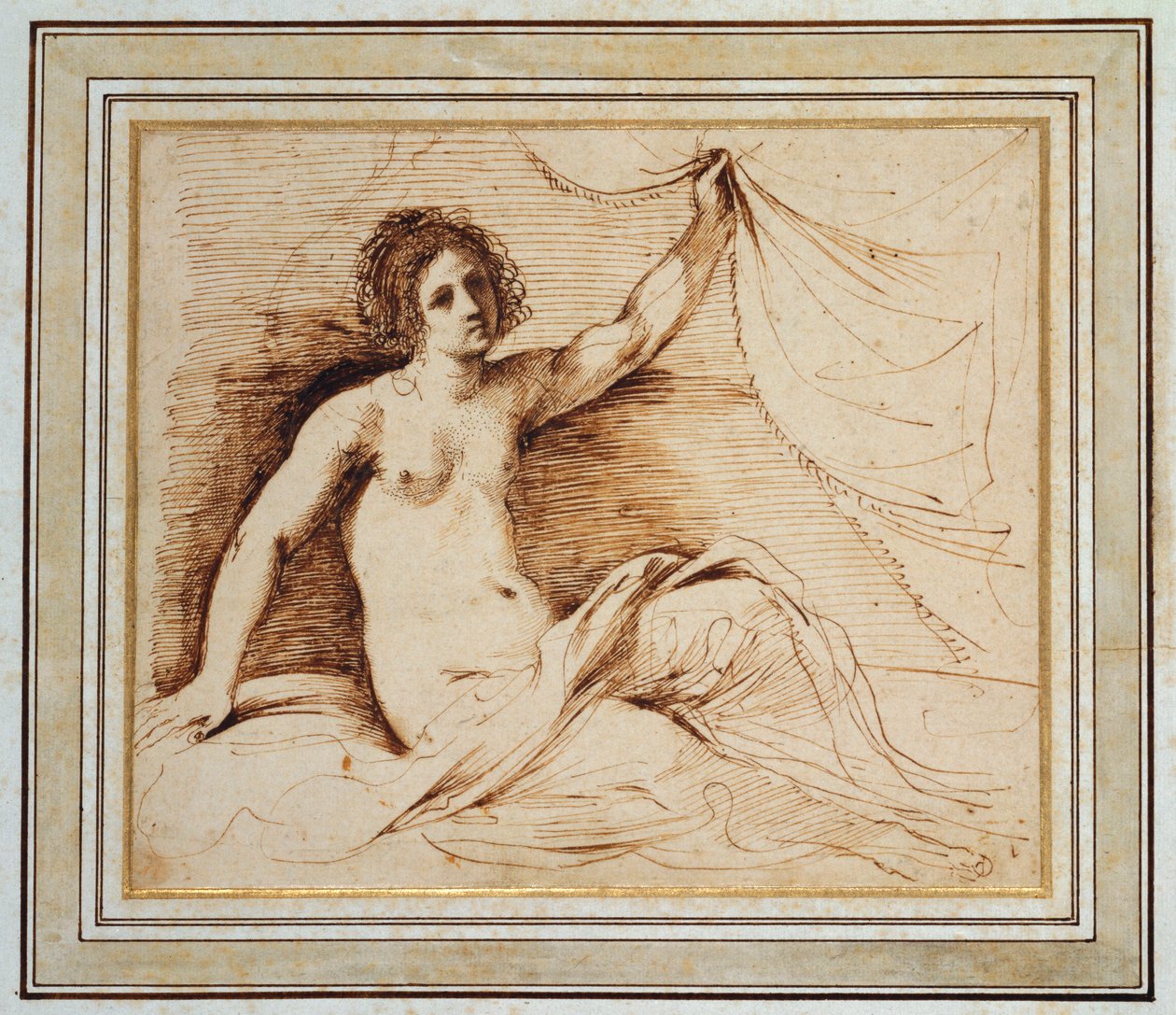 Una mujer desnuda reclinada levantando una cortina de Guercino