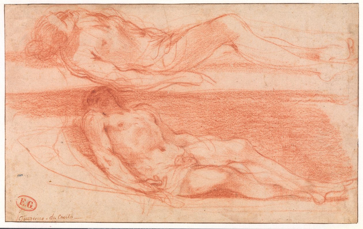 Dos estudios de hombre medio desnudo acostado de Guercino