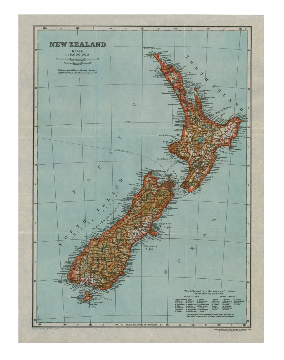 Mapa de Nueva Zelanda, c. 1910 de Gull Engraving Company