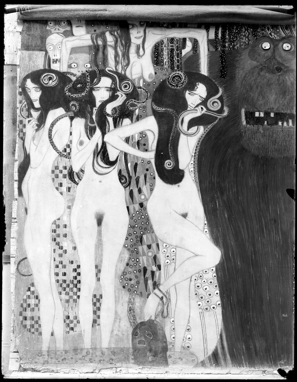 Friso de Beethoven: detalle de "Die feindlichen Gewalten" (Las joyas de Beethoven) de Gustav Klimt