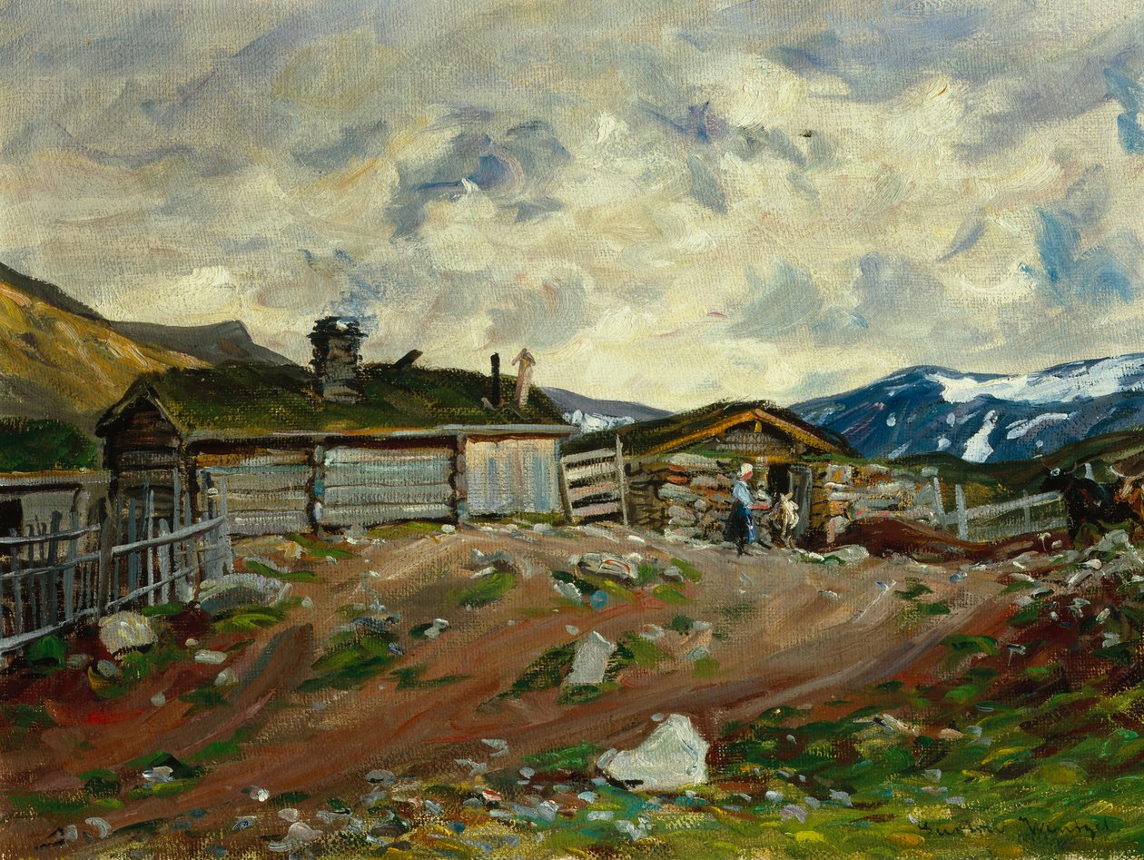 Granja de montaña con mujer y vaca. de Gustav Wentzel