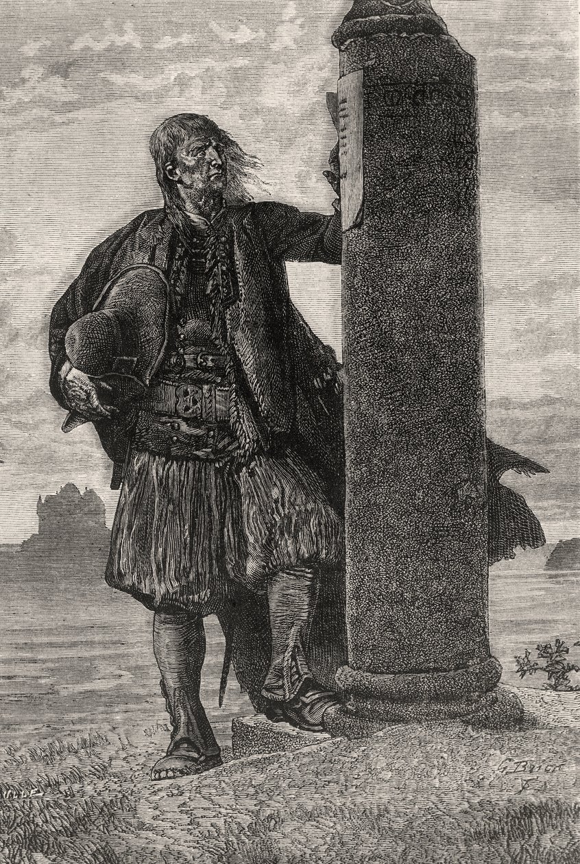 El Marqués de Lantenac lee una orden de arresto en un pilar - ilustración de Quatre Vingt Treize, siglo XIX de Gustave Brion