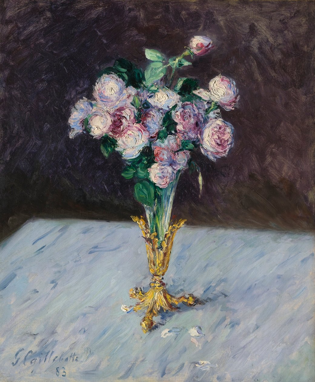 Ramo de rosas en un jarrón de cristal de Gustave Caillebotte
