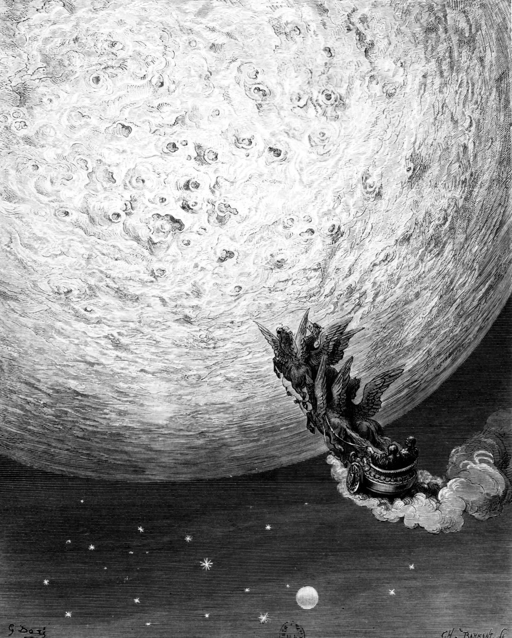 Astolfo en la Luna, estrofa 70, canto XXXIV de La locura de Orlando por Ludovico Ariosto, 1879 de Gustave Dore