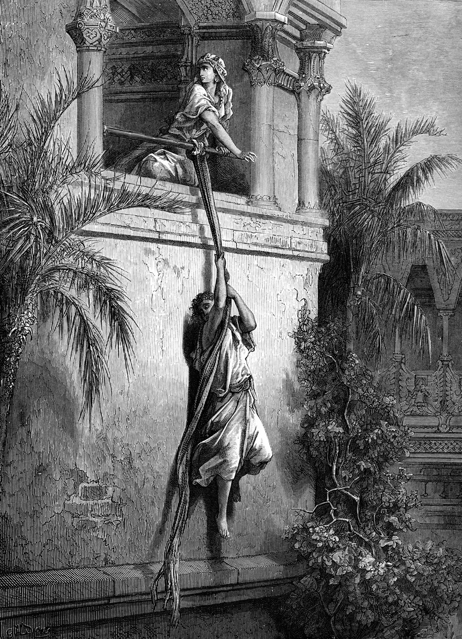 La fuga de David por la ventana, por Doré de Gustave Dore