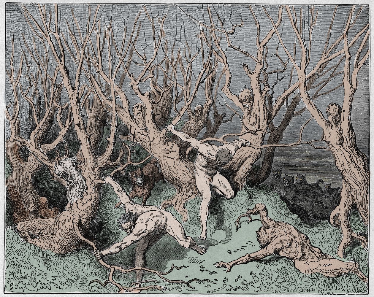 Inferno, Canto 13: Los suicidas huyen del bosque, ilustración de La Divina Comedia de Dante Alighieri, 1885 de Gustave after Dore