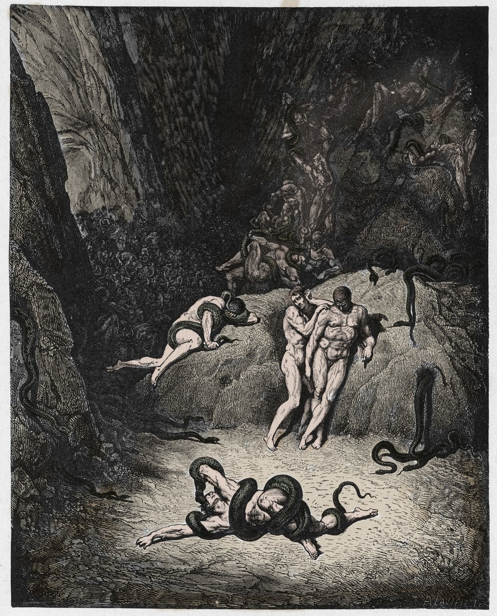 Inferno, Canto 25: Agnello transformándose en serpiente, ilustración de La Divina Comedia de Dante Alighieri, 1885 de Gustave after Dore