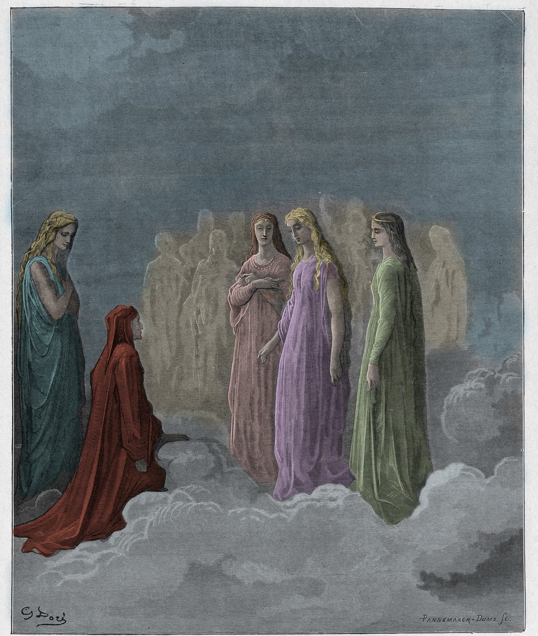 Paraíso, Canto 3: El primer reino: Piccarda Donati y las almas cuyos votos fueron rotos, ilustración de La Divina Comedia de Dante Alighieri, 1885 (grabado coloreado digitalmente) de Gustave after Dore