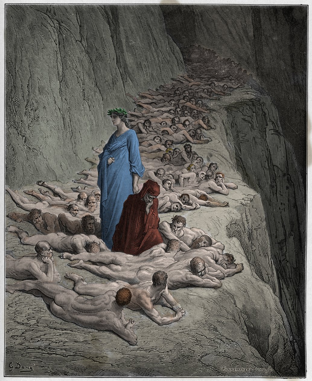 Purgatorio, Canto 19: Las almas de los avaros: Adriano V habla con Dante, ilustración de La Divina Comedia de Dante Alighieri, 1885 (grabado coloreado digitalmente) de Gustave after Dore