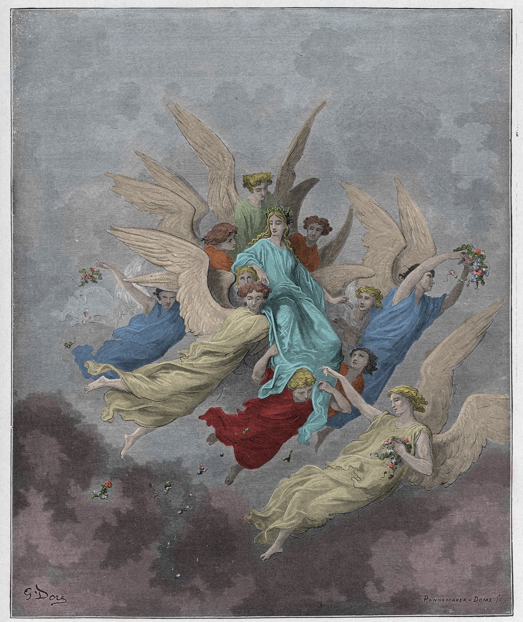 Purgatorio, Canto 30: Beatriz entre los ángeles, ilustración de La Divina Comedia de Dante Alighieri, 1885 (grabado coloreado digitalmente) de Gustave after Dore