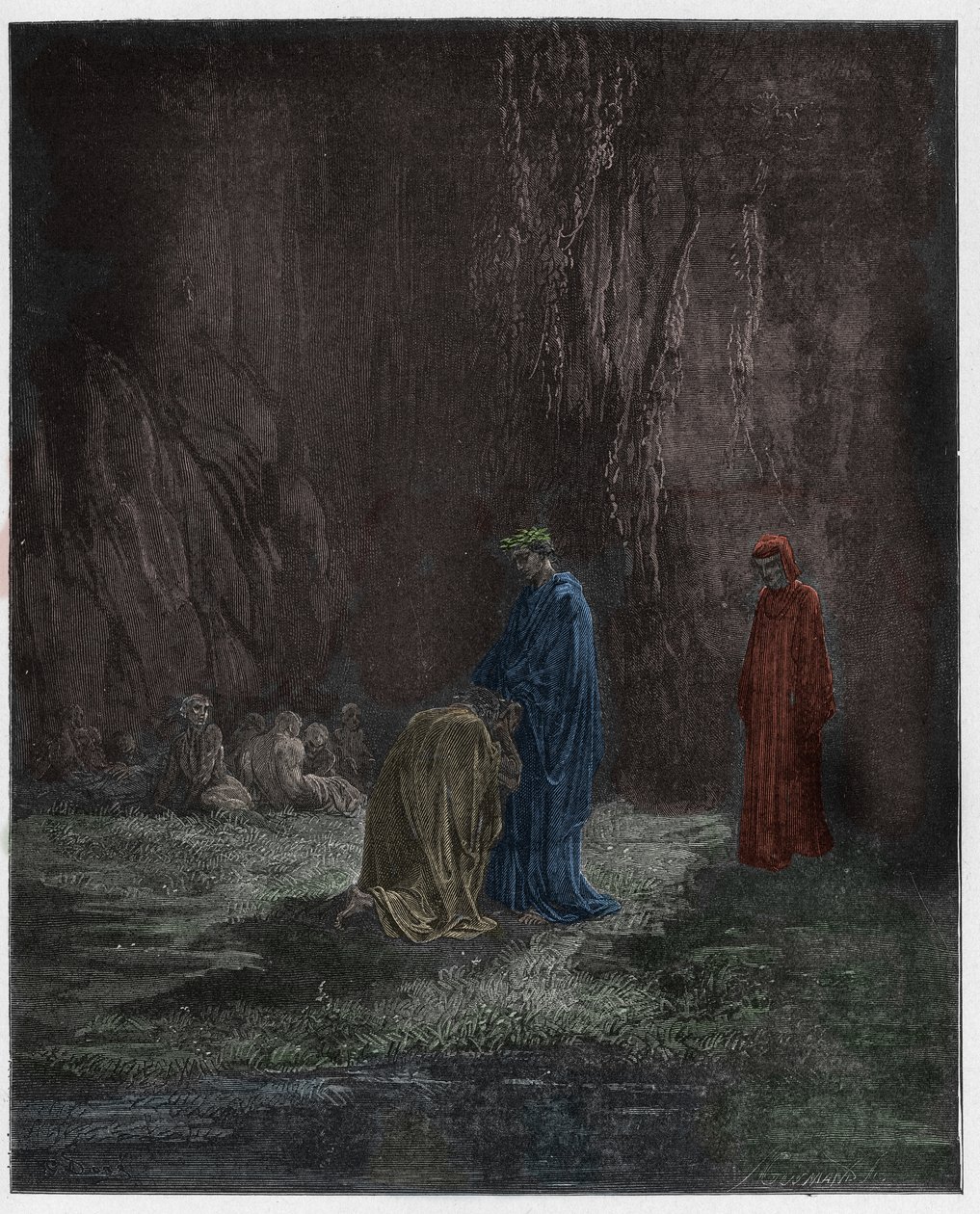 Purgatorio, Canto 7: El poeta Sordello, asombrado, se arrodilla ante Virgilio, ilustración de La Divina Comedia de Dante Alighieri, 1885 de Gustave after Dore