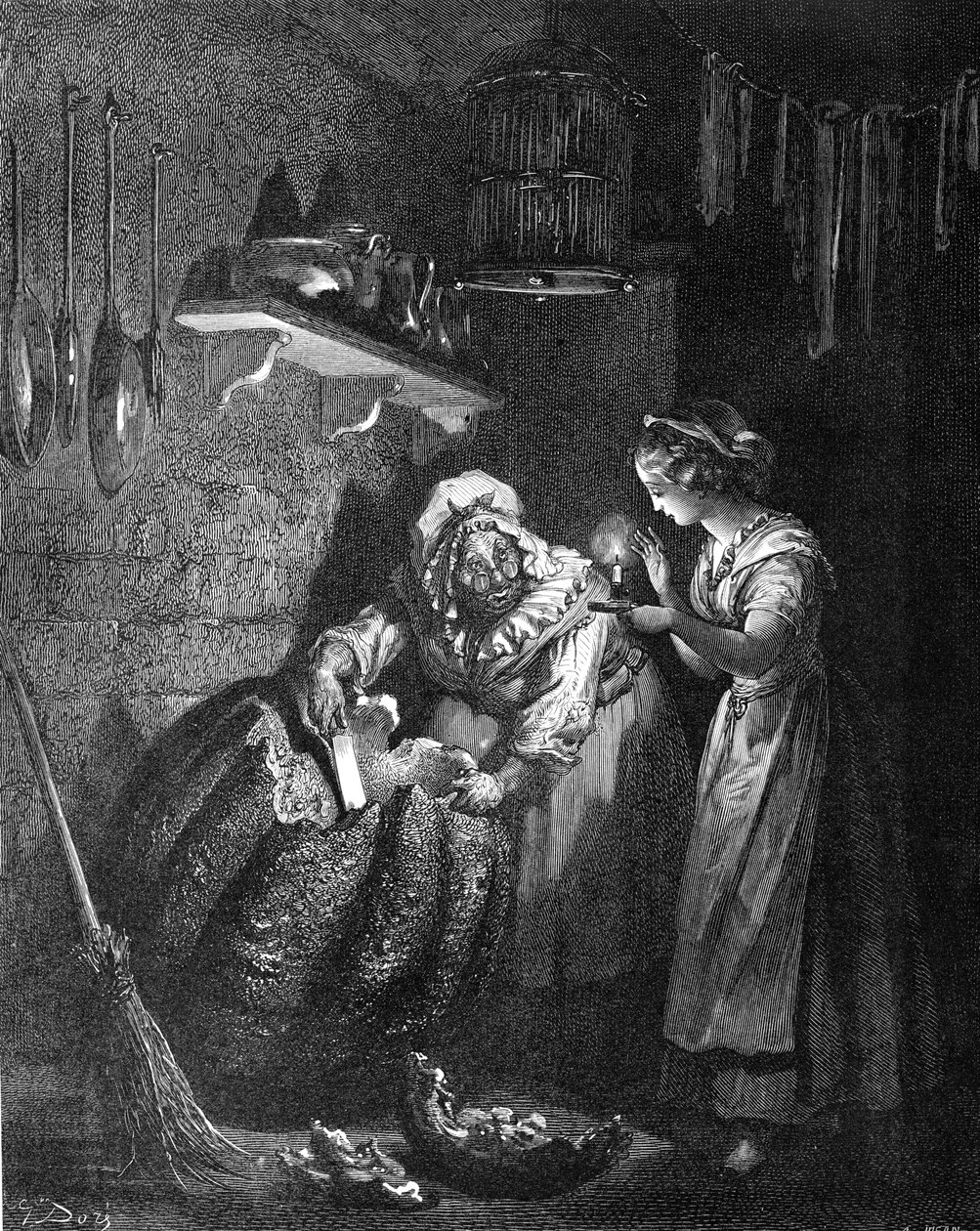 Cenicienta: El hada madrina tallando la calabaza de Gustave Dore