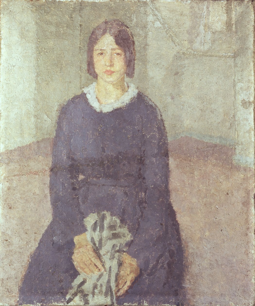 Niña con un vestido azul sosteniendo una pieza de costura de Gwen John