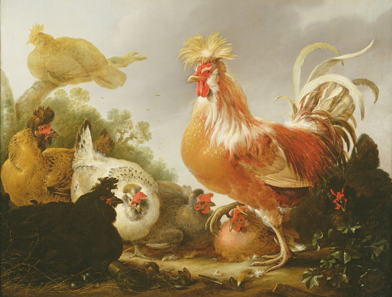 Gallo y gallinas en un paisaje, 1649 de Gysbert Hondecoeter