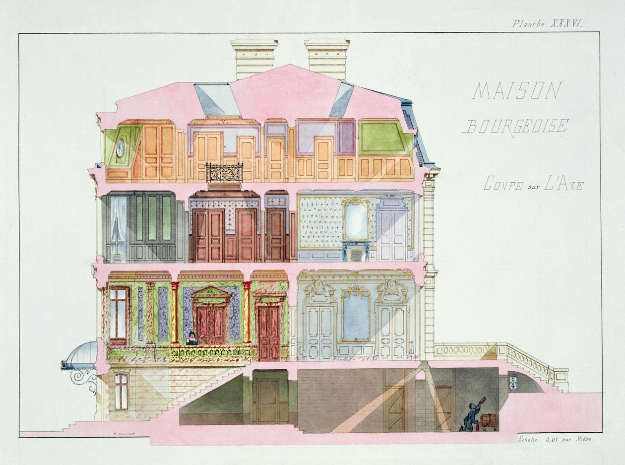 Sección transversal de una casa para la burguesía, lámina XXXVI de un folio de diseños, c.1870 de H. Monnot