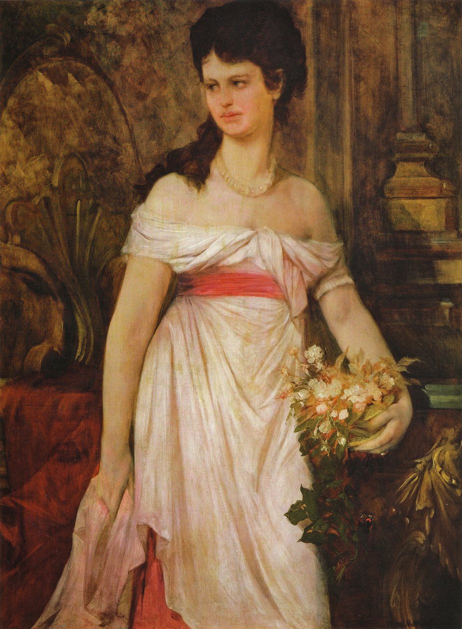 Retrato de una dama, de pie en un vestido blanco de Hans Makart