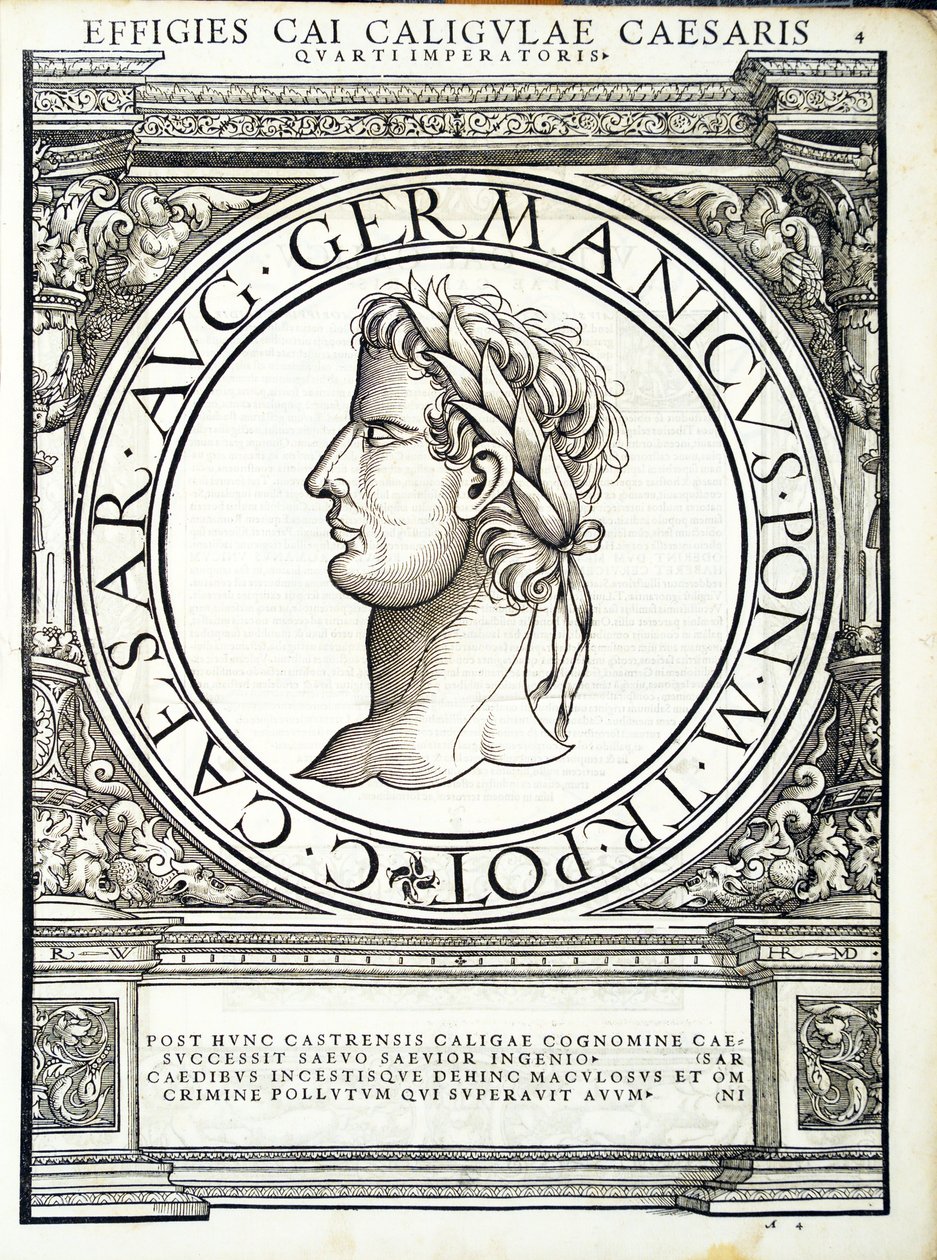 Cayo Calígula, ilustración de Imperatorum romanorum omnium orientalium et occidentalium verissimae imagines ex antiquis numismatis de Hans Rudolf Manuel Deutsch