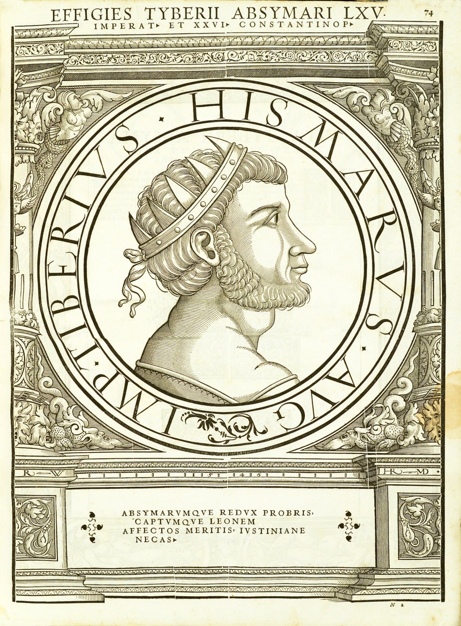Tiberius Absymarus, ilustración de Imperatorum romanorum omnium orientalium et occidentalium verissimae imagines ex antiquis numismatis de Hans Rudolf Manuel Deutsch