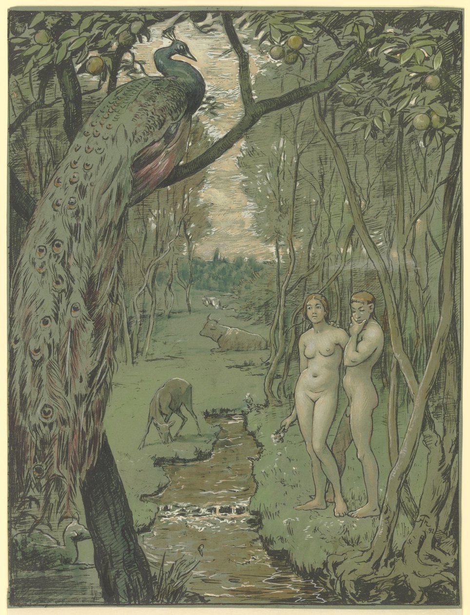 Paraíso con pavo real de Hans Thoma