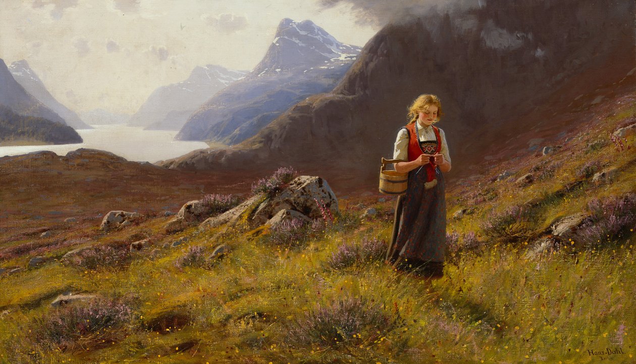 Lechera tejiendo (óleo sobre lienzo) de Hans Andreas Dahl