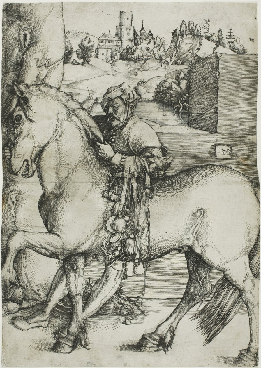 Un mozo ensillando un caballo de Hans Baldung Grien