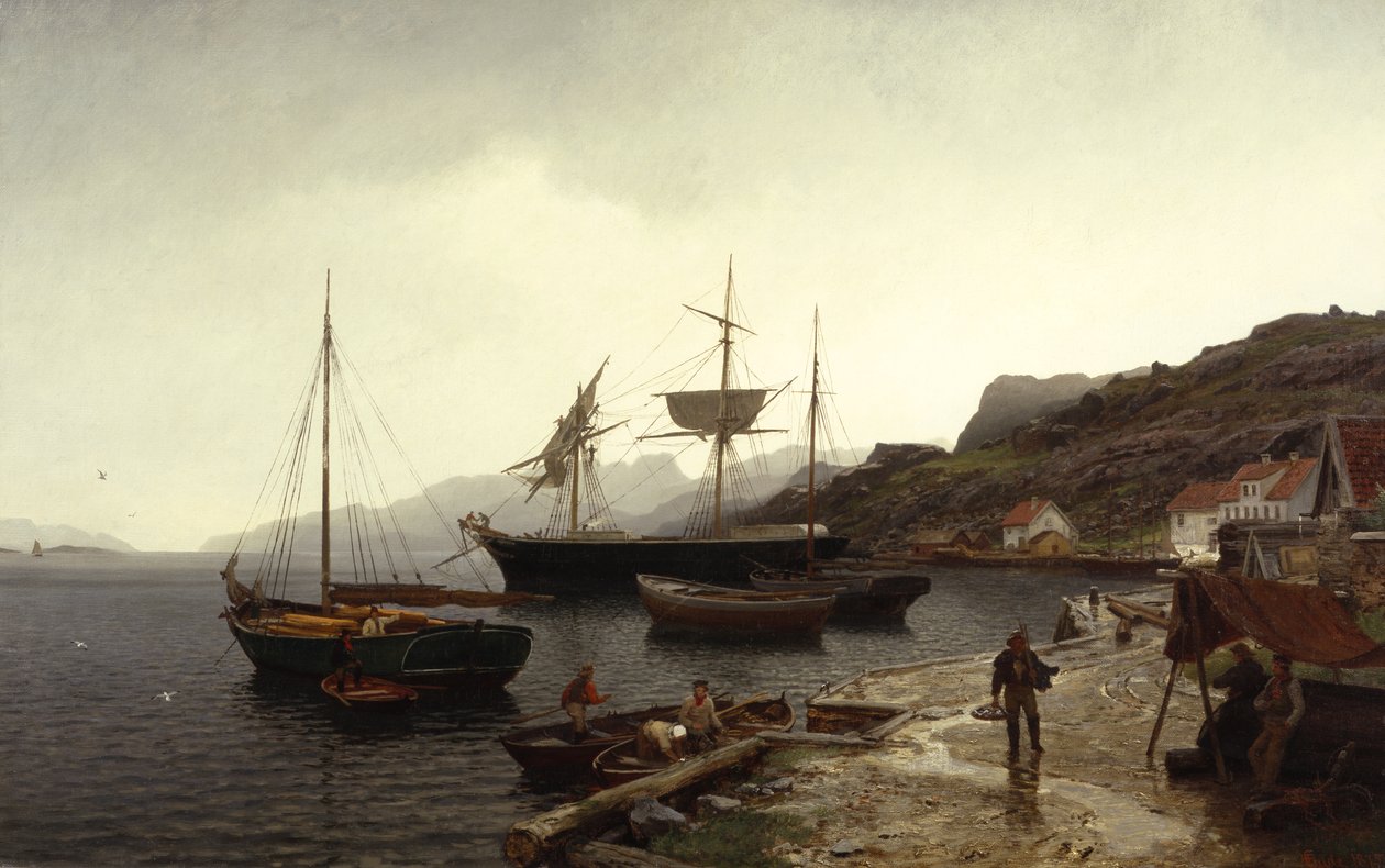 Tortazo de pesca (barco) en puerto, Kleven, Mandal de Hans Gude
