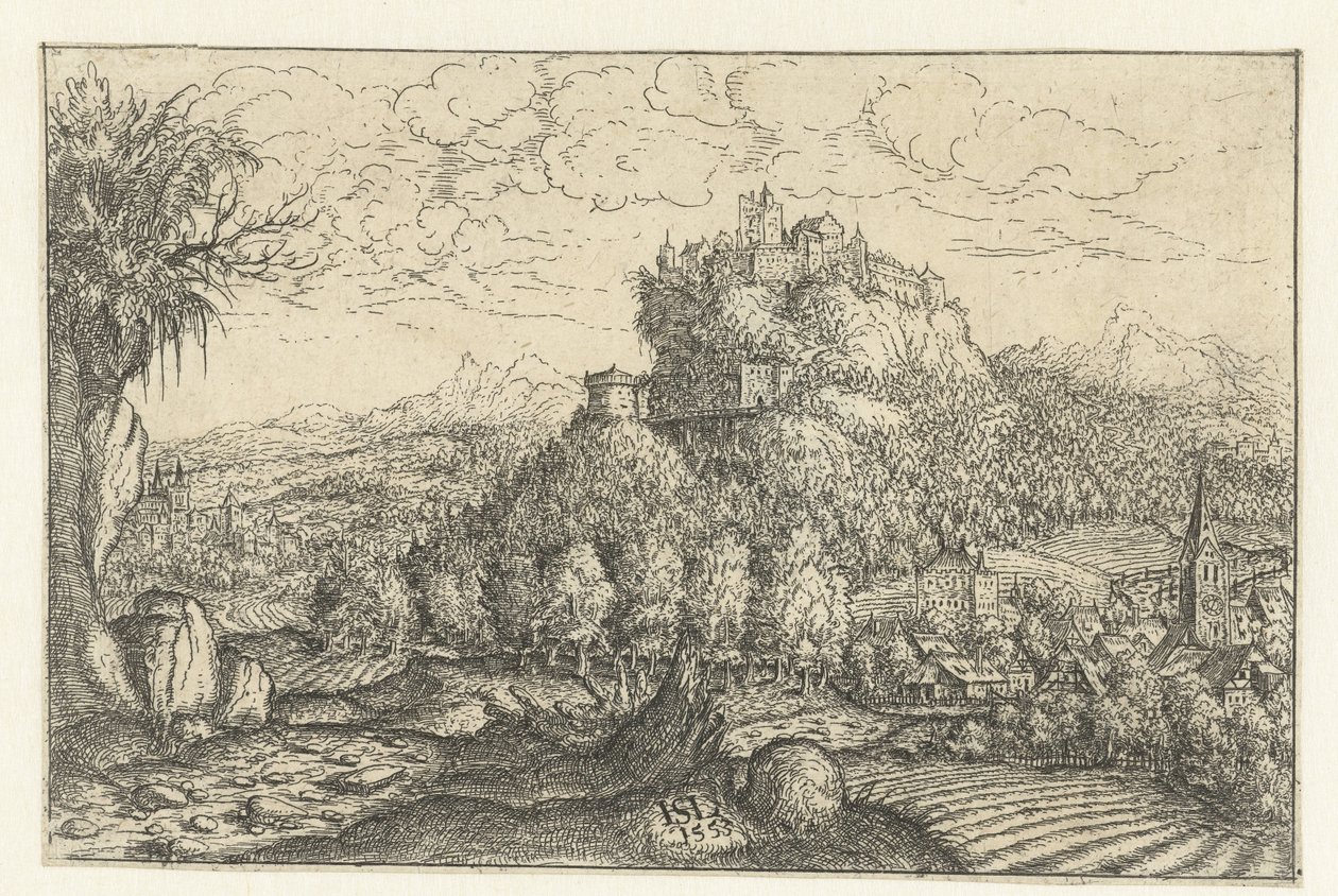 Paisaje con un castillo en una montaña. de Hans Lautensack