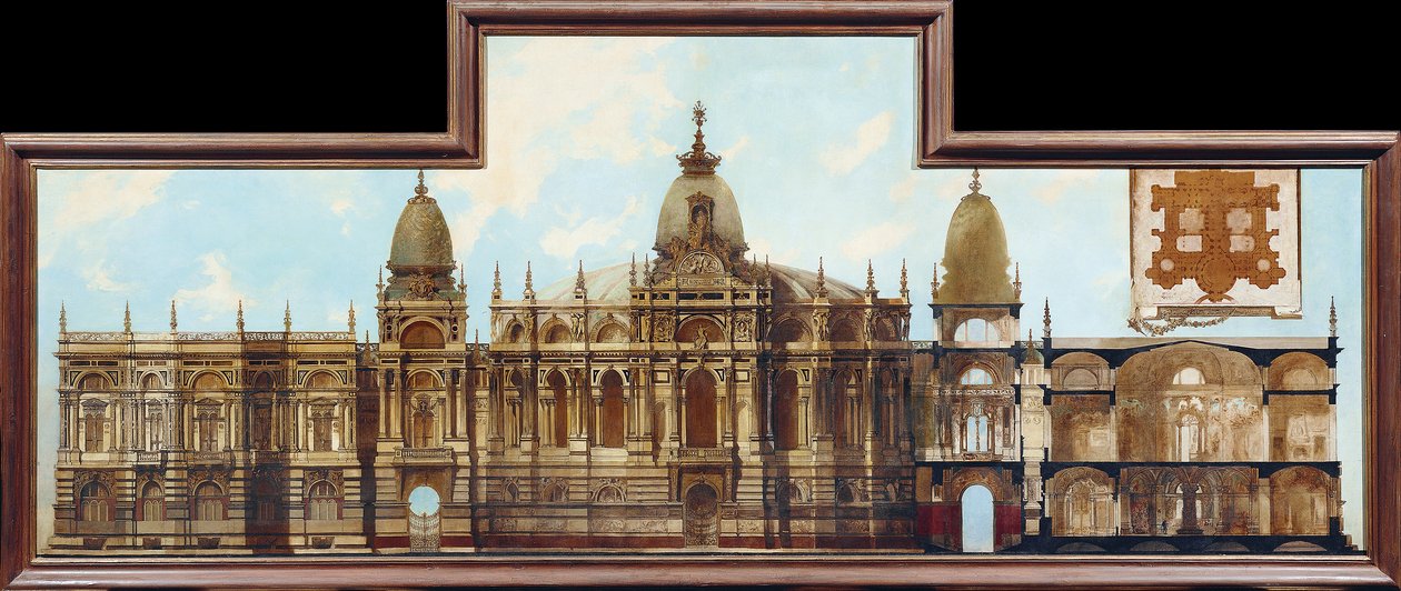 Diseño para un palacio: parte trasera y plano de planta de Hans Makart