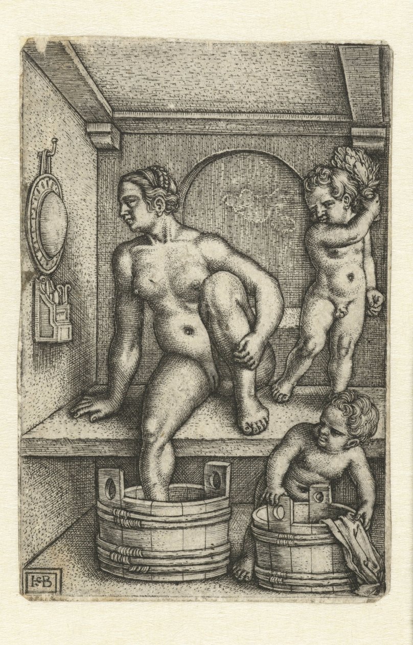 mujer con dos niños en el baño de Hans Sebald Beham