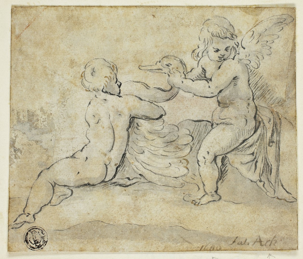Putti Holding Swan de Hans von Aachen