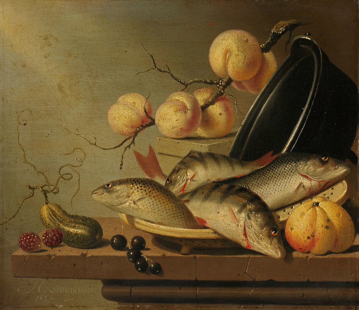 Bodegón con pescado y fruta de Harmen Steenwijck