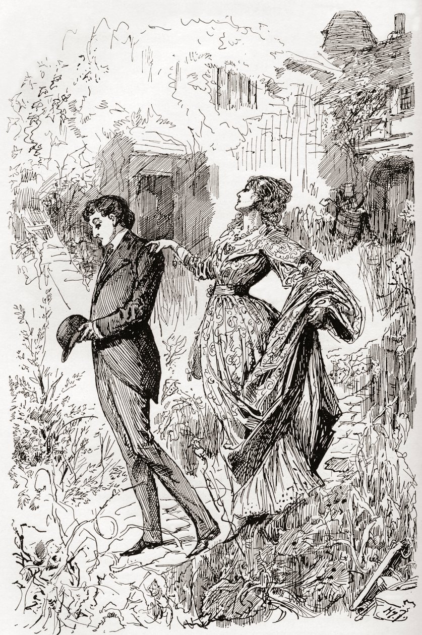 Estella y Pip en el jardín de la señorita Havisham de Harry Furniss
