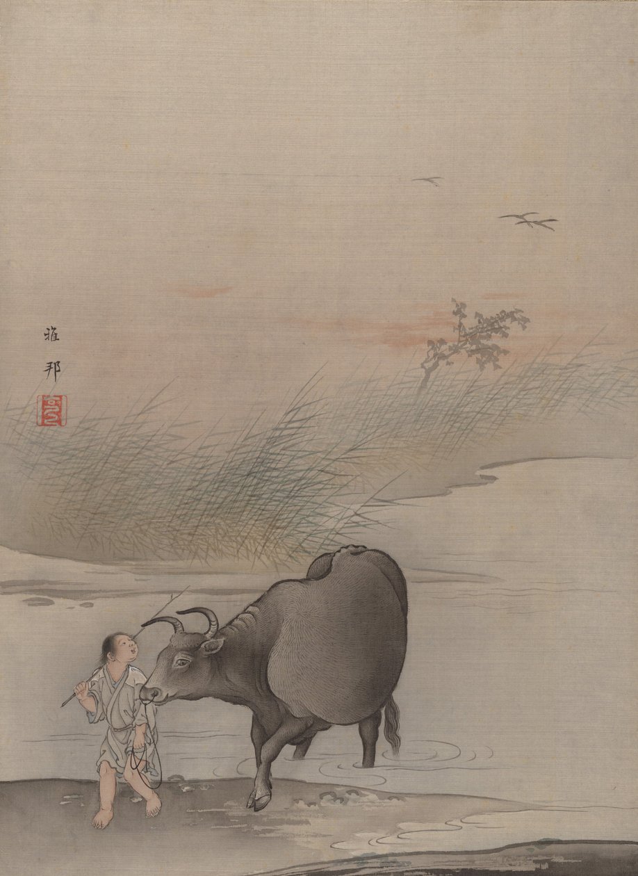 Niño con vaca al borde del río de Hashimoto Gaho